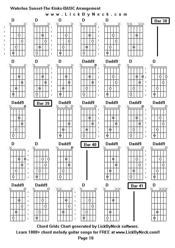 Chord Grids Chart of chord melody fingerstyle guitar song-Waterloo Sunset-The Kinks-BASIC Arrangement,generated by LickByNeck software.